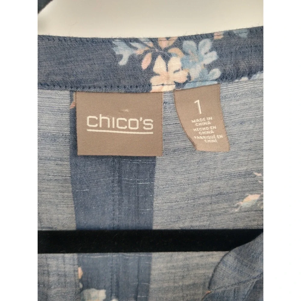 Chico's Blouse Top 1 M Floral Print Button Front‎ Tab Sleeve Boho Blue Peach